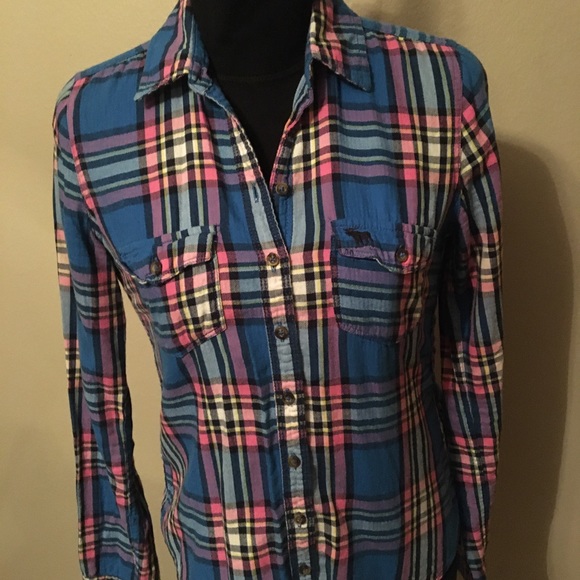 🎁2/$12 ABERCROMBIE & FITCH M COTTON BUTTON UP PINK, BLUE & YELLOW PLAID SHIRT - Picture 2 of 12